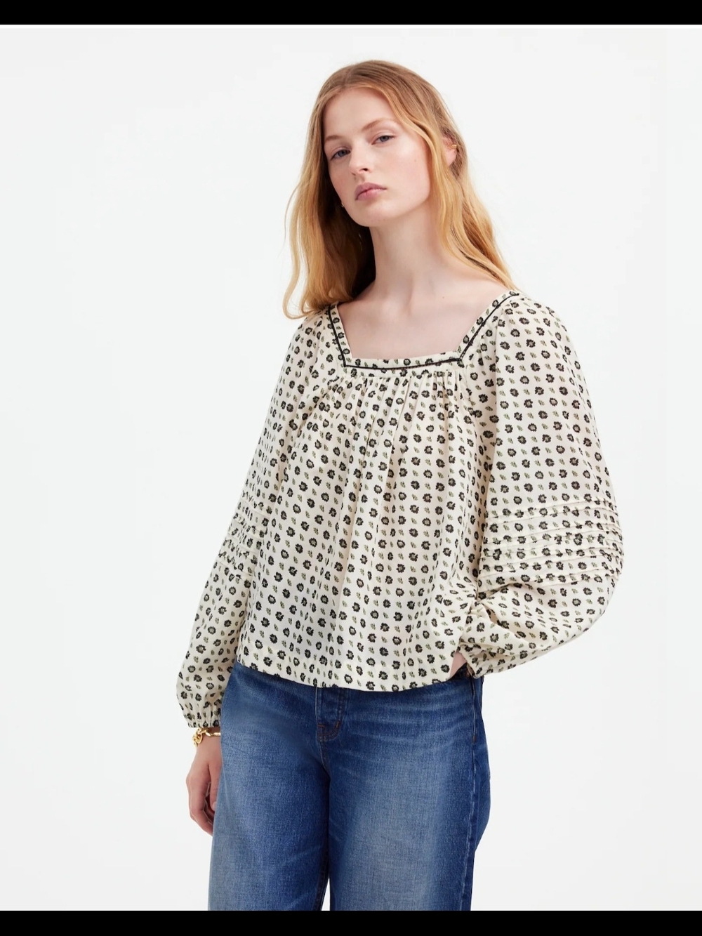 Madewell Cream/green Floral Square-Neck Blouse